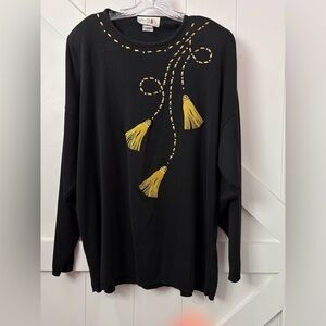 Vintage AFTERSHOCK 1995 Women's 1X Black Sweater Gold Tassel Bead Rhinestone USA